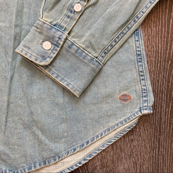 L Harley Davidson Garage Lightweight Denim Long Sleeve Button Up Shirt - Picture 3 of 12